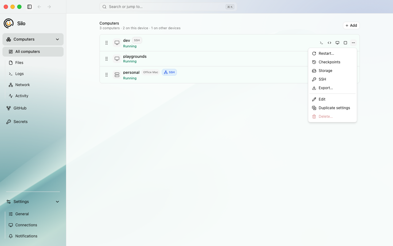Computer export and import controls in Silo.