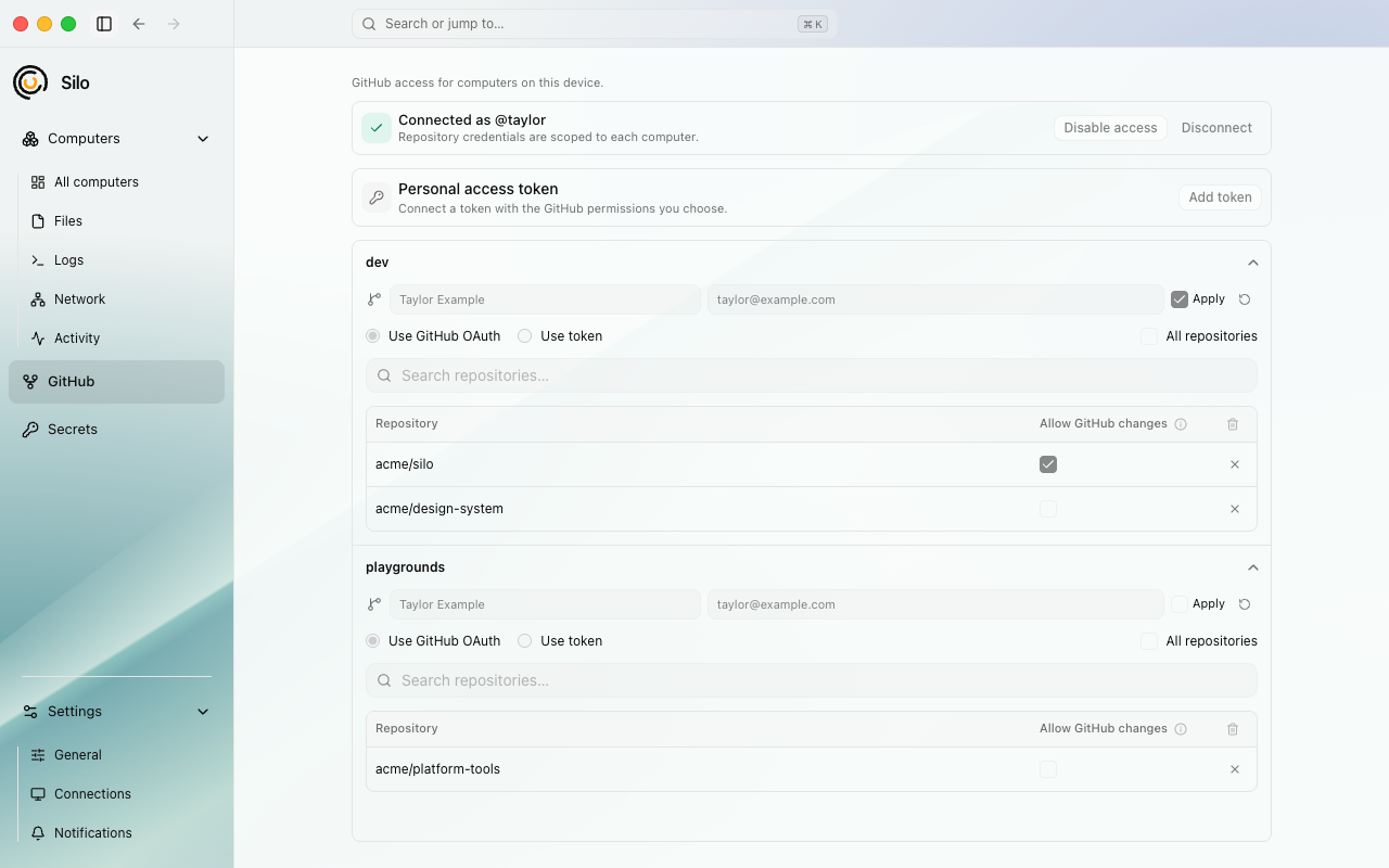 GitHub repository permissions for a computer in Silo.