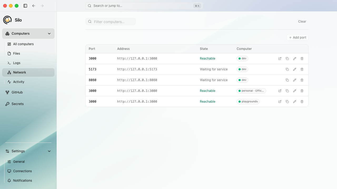 Silo’s Network page shows a reachable development server on port 3000 and two waiting ports.