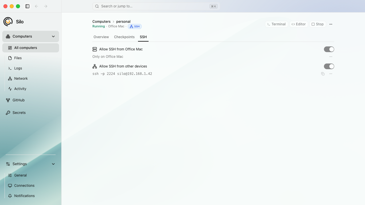 SSH addresses for connecting tools to a computer on Office Mac.